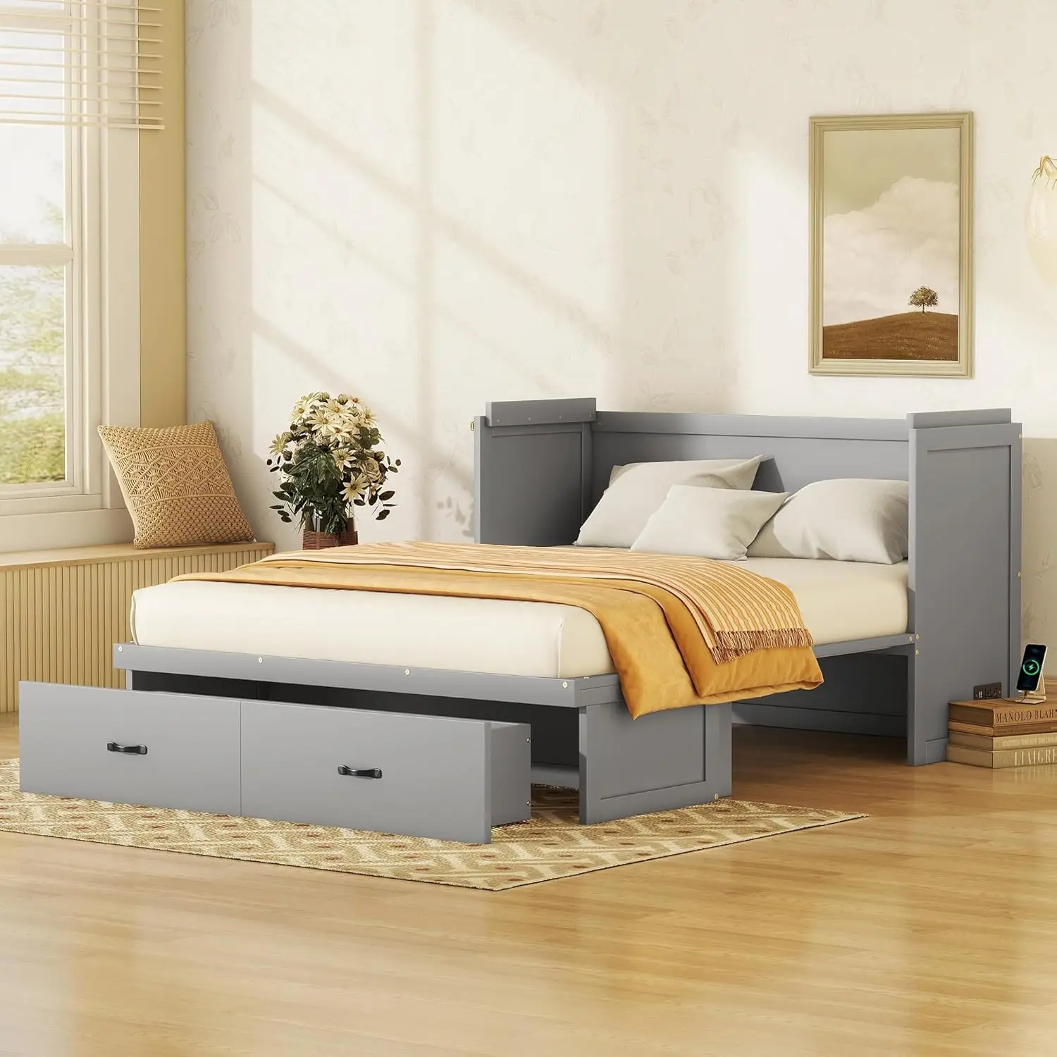 

Кровать Murphy размера «queen-size» с ящиком для хранения, деревянный комод Murphy с встроенной зарядной станцией, складная кровать-платформа для