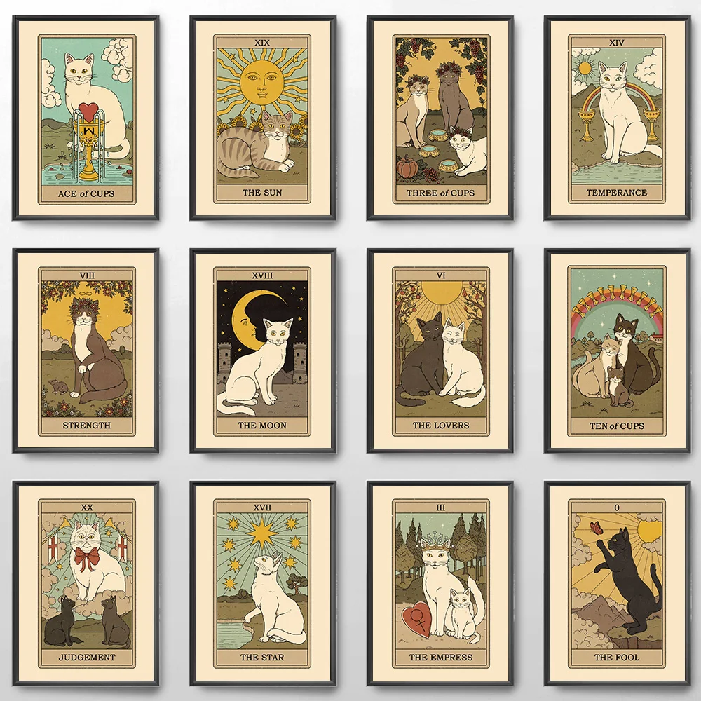 Funny Cat Tarot Posters Lovers Fool Empress Temperance Judgement Canvas Painting Modern Wall Pictures Halloween Gifts Home Decor