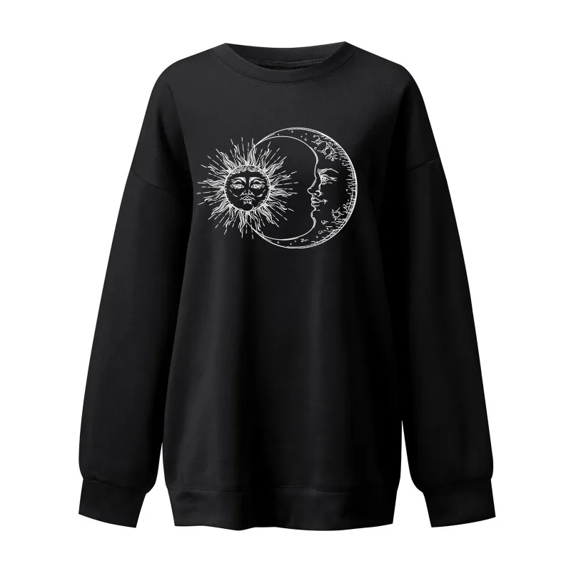 Autumn&Winter New Sun Moon Personalized Printed Women's Loose Round Neck Falling Shoulder Long Sleeve Hoodie Halloween Pullover