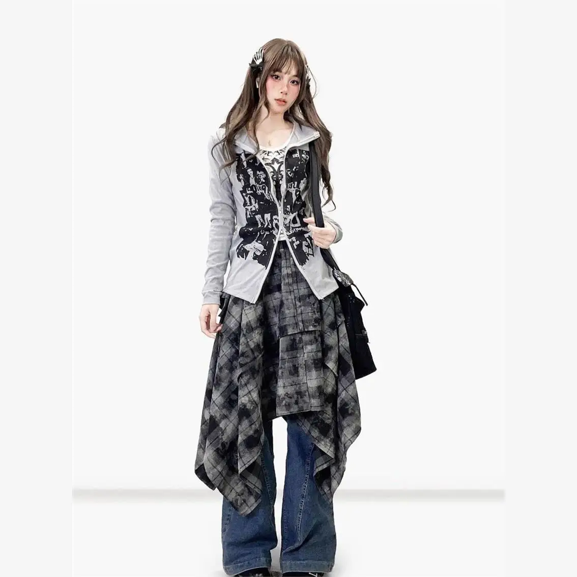 レトロタイダイアシンメトリーミディスカート、格子柄Aライン、伸縮性ウエスト、ミドル丈、女性用、秋シーズン、結び目付き