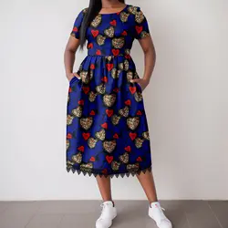 Africa Ankara Printed Women's Low Neck Loose Short Sleeve Dress Lace Mesh Trim Casual Sexy Dress 2425019