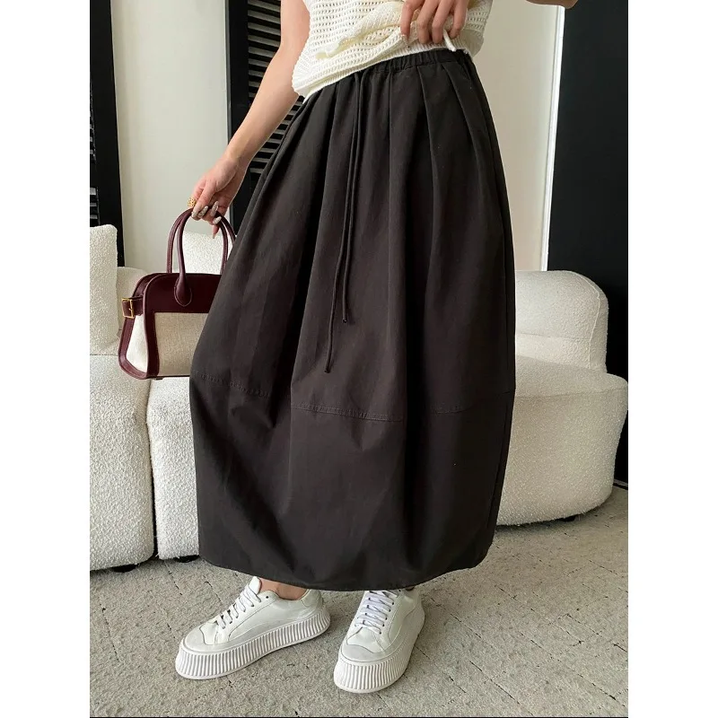 

Sisan Relaxed Everyday Niche Fashionable Elastic Waist Black Midi Skirt With Drawstring And Details For Women Casual StyleYZS