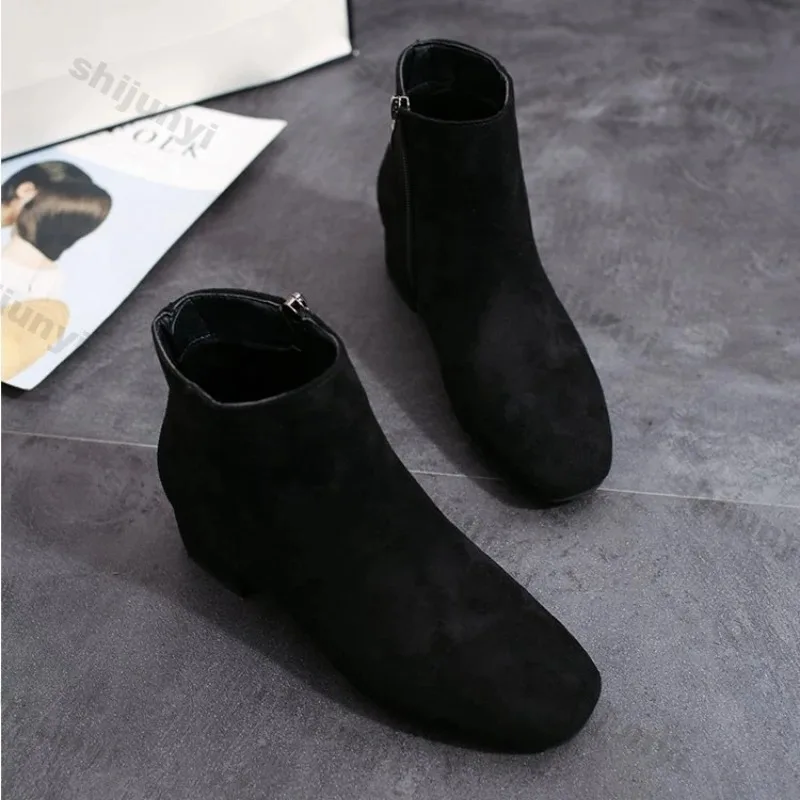 Women Suede Ankle Boots Chunky Heels Autumn New Fashion Mid-heel Shoes Women Trend Snow Boots Elegant Walking Goth Botas Mujer