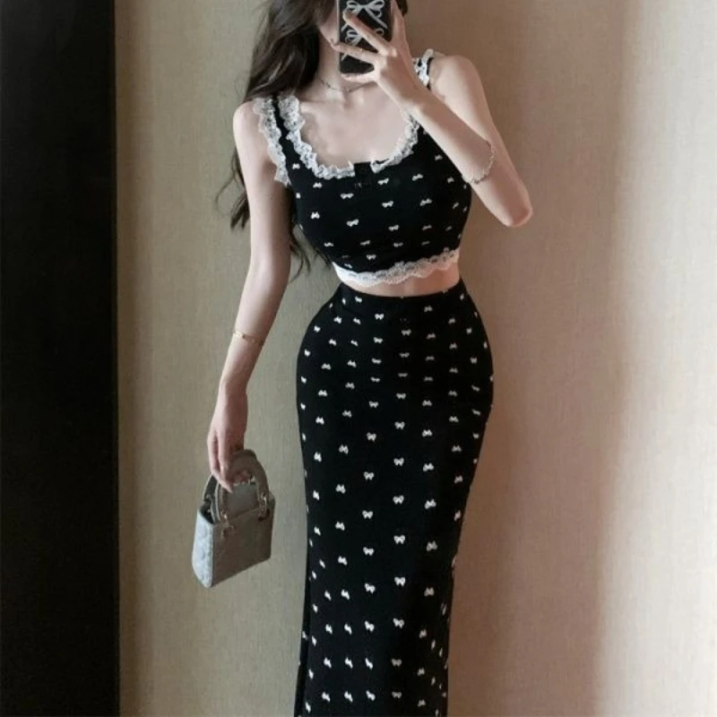 

Black Bow Set Women's Suspender Vest Top Summer New Hip Wrap Skirt Lace Splicing Two-piece Set