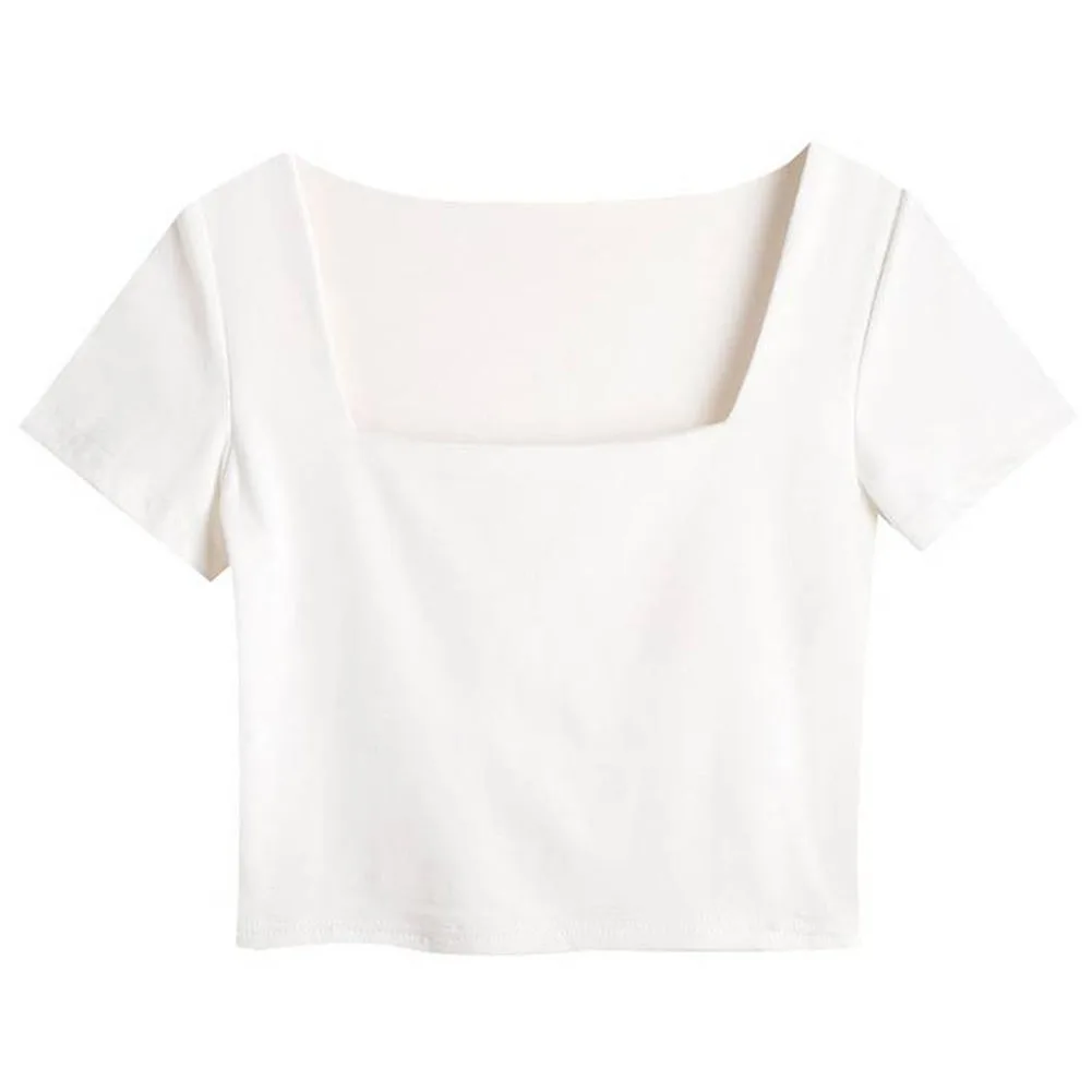 Women Solid Square Collar Short Sleeve Crop Top Summer Slimming Casual T Shirt For Vacation Holiday Daily Wear Fashion Tee