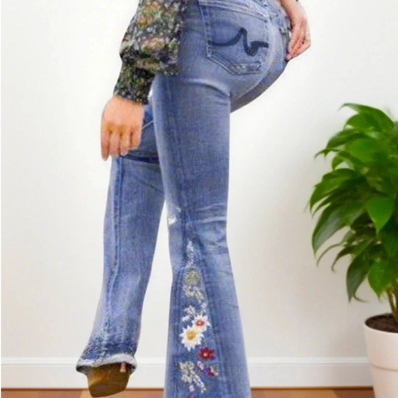 

Женские джинсы, эластичные расклешенные брюки в стиле ретро, классические свободные длинные брюки, джинсовые брюки с вышивкой