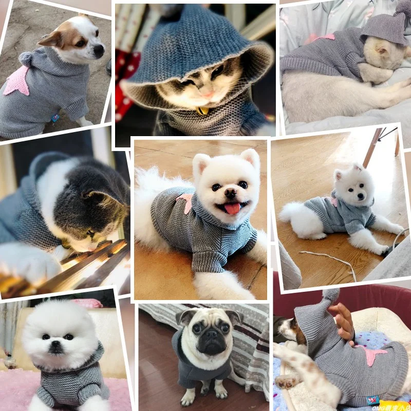 1PC Pet Clothing Dog Autumn and Winter Thickened Warm Gray Starfish Embroidered Elastic Knitted Sweater For Small Medium Dogs