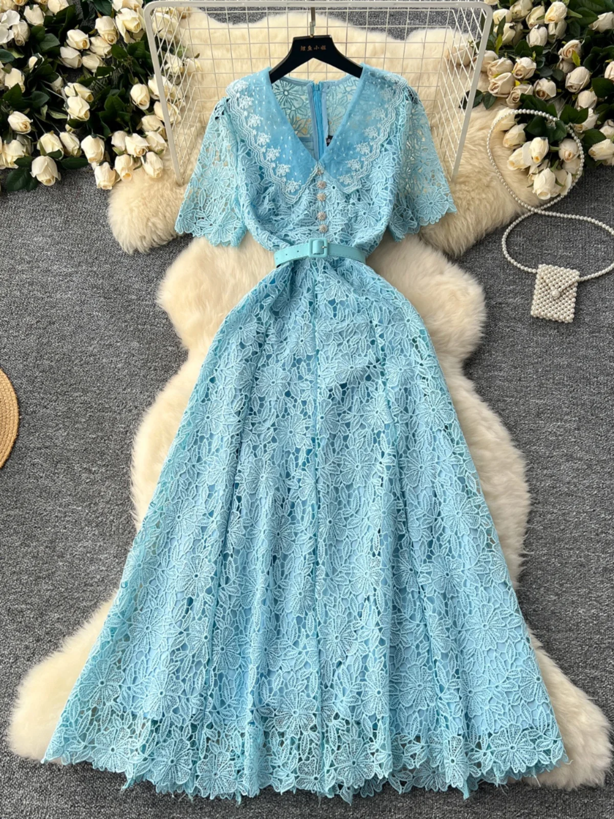   Sle Kant Lange Dr ort Sve Zoete Pop Kraag Afslankende Taille Hoge Taille A-lijn Rok Koreaanse Versie Woon-werkverkeer