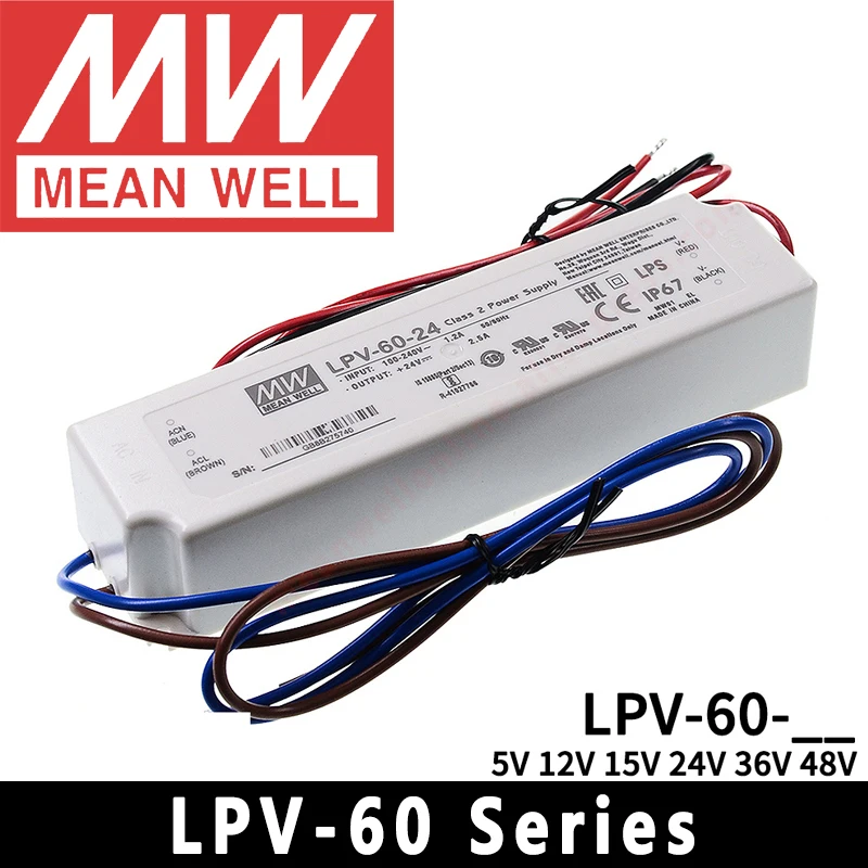 

MeanWell LPV-60-5v/12v/15v/24v/36v/48v Led Driver Sealed Panel Mount IP67 Meanwell LPV-60 Series AC-DC 60W Power Supply