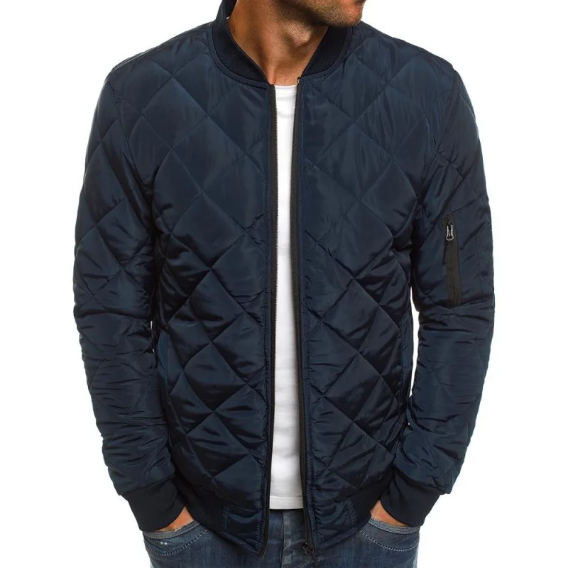 Chaqueta de algodón de Color sólido para hombre, costura a cuadros de diamantes, cuello de pie grueso, abrigo cálido de invierno