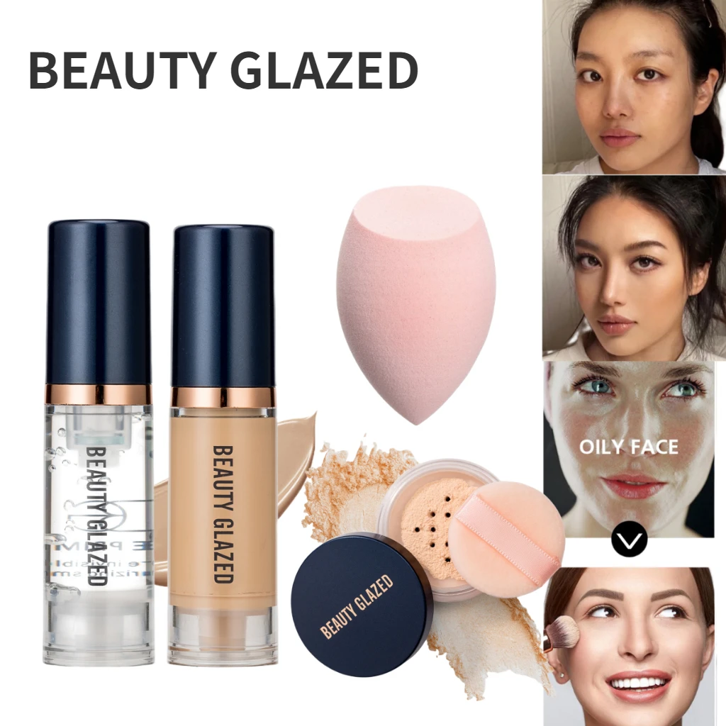 BEAUTY GLAZED Makeup 4pcs SetWaterproof Liquid Foundation+Loose Powder +Primer+Pruff,Lightweight,Oil Control,Long-Lasting