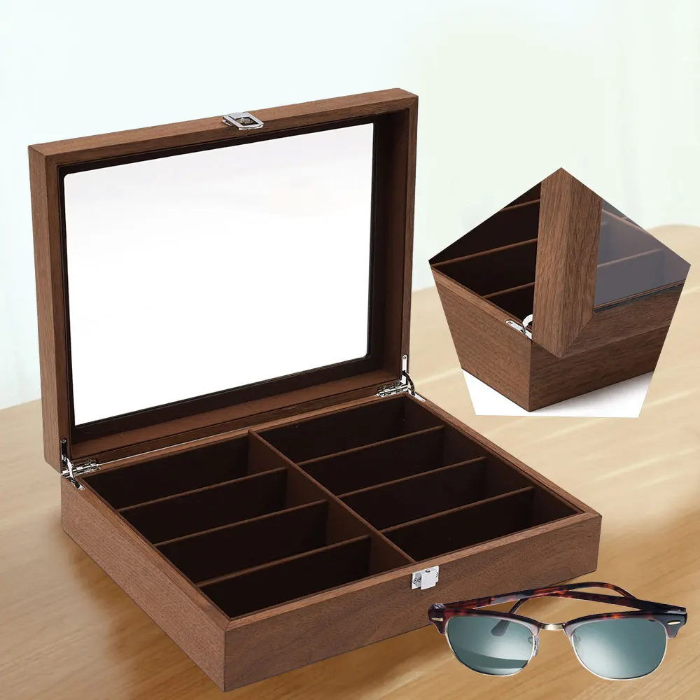 Eyeglass Sunglasses Organizer with 8 Grids, Premium Display Case for Glasses Collection, Lockable Storage Drawer in Wood Finish