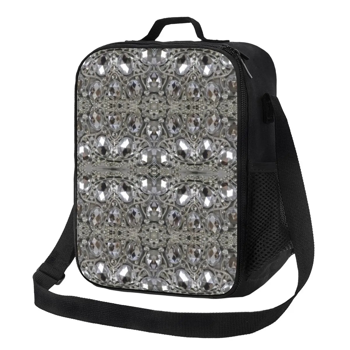 Custom Pretty Rhinestone Crystal Thermal Insulated Lunch Bag Diamonds Jewelry Portable Lunch Container for Picnic Bento Food Box