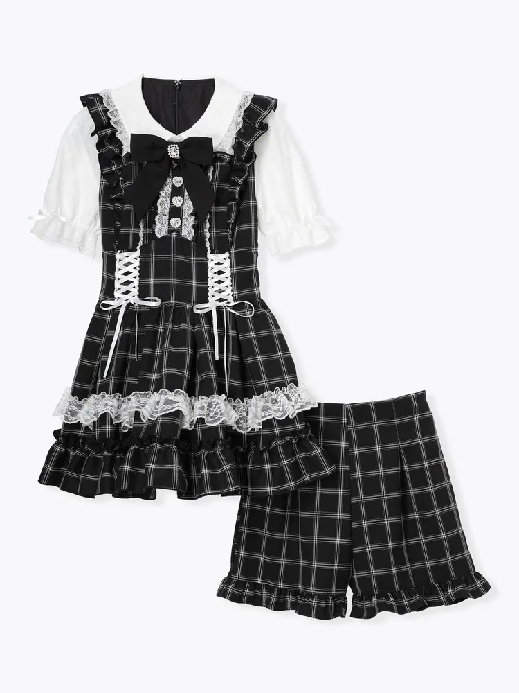 Japanse Mijn Zoete Jurk Set Zomer 2025 Meisjes Vrouw Leuke Boog Kant Schimmel Rand Plaid Top Shorts 2 Delige Set Lolita Outfit