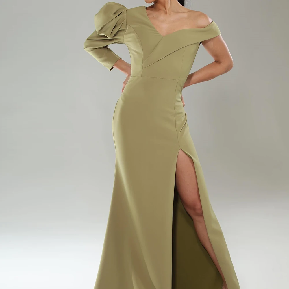 One Shoulder V-Hals Zeemeermin 3/4 Mouwen Effen Kleur Jersey Vloer Lengte Rits Rug Avondjurk Elegante Feestjurken Vrouw