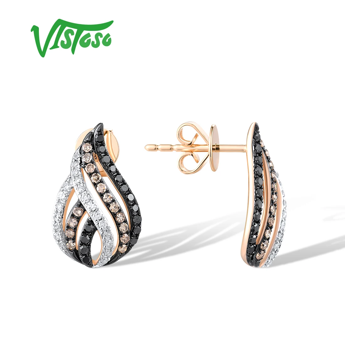 VISTOSO Real 14K 585 Rose Gold Earrings For Women Sparkling White Black Brown Diamond Glamorous Party Wedding Gifts Fine Jewelry