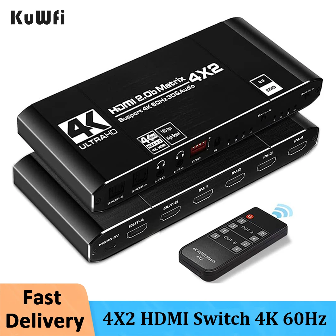 KuWFi HDMI Switch 4K 60Hz HDMI2.0 Matrix Switcher 4X2 Splitter with Remote Control and L/R 3.5mm Support HDCP 2.2 for TVbox PS4