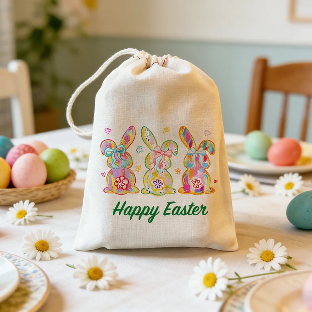 

4Pcs Happy Easter Coquette Bunny Drawstring Gift Bags Baskets Stuffers Children's Easter Treat Bag Egg Hunting Squad Accessories