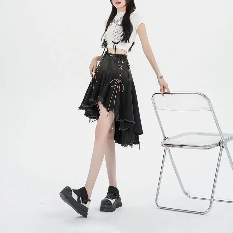 Jupes en denim taille haute pour femmes, jupes dégradées irrégulières, design à lacets A-Line, streetwear chic All-Match, été populaire, rétro Ins
