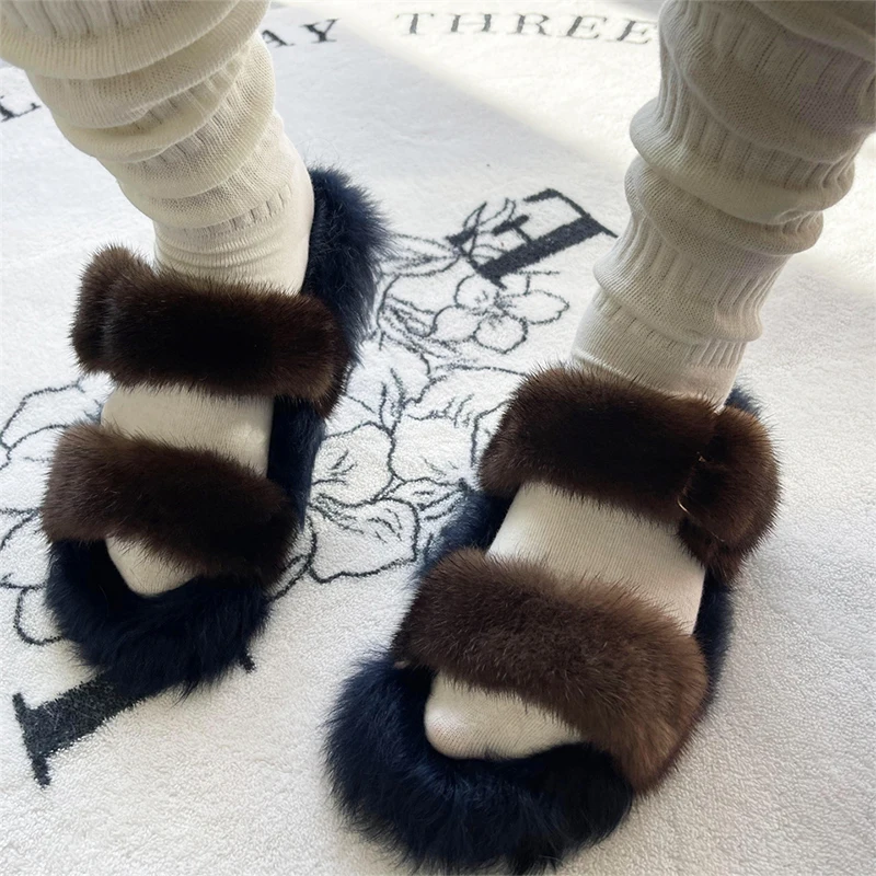 Winter Women's Mink Fur Slippers Designer Fashion Warm Home Plush Slippers for Women Elegant Women's Shoes