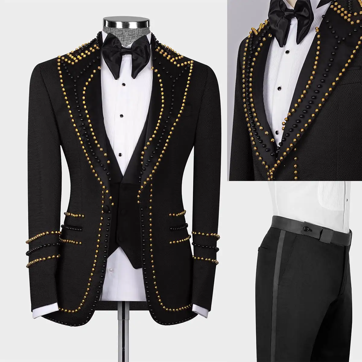 

Golden Beads Mens Wedding Tuxedos 3 Pieces Peaked Lapel Groom Wear Formal Tailored Made Party Birthday Wear Pants Suits