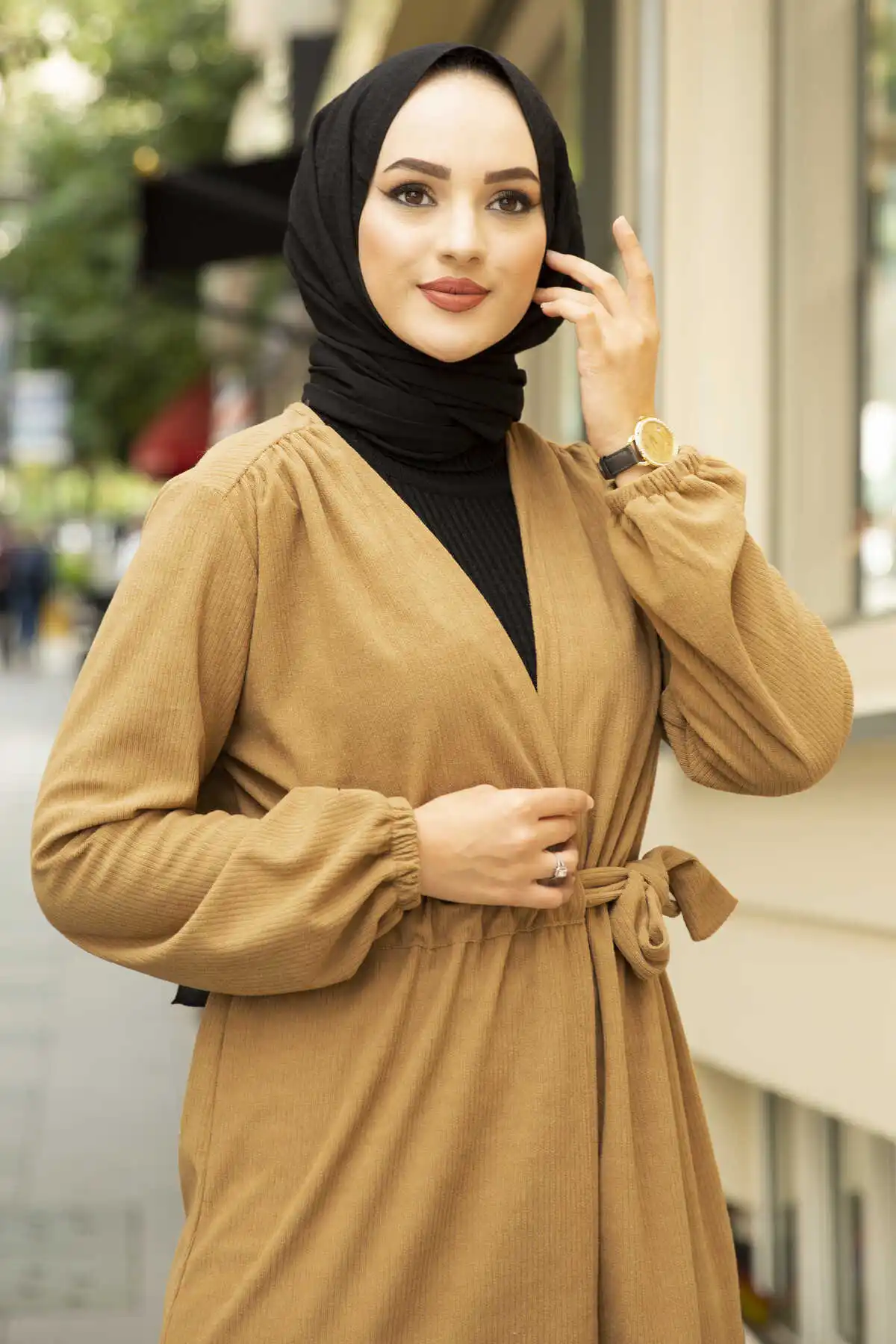 Taille Mit Gürtel Hijab Kimono Kamel