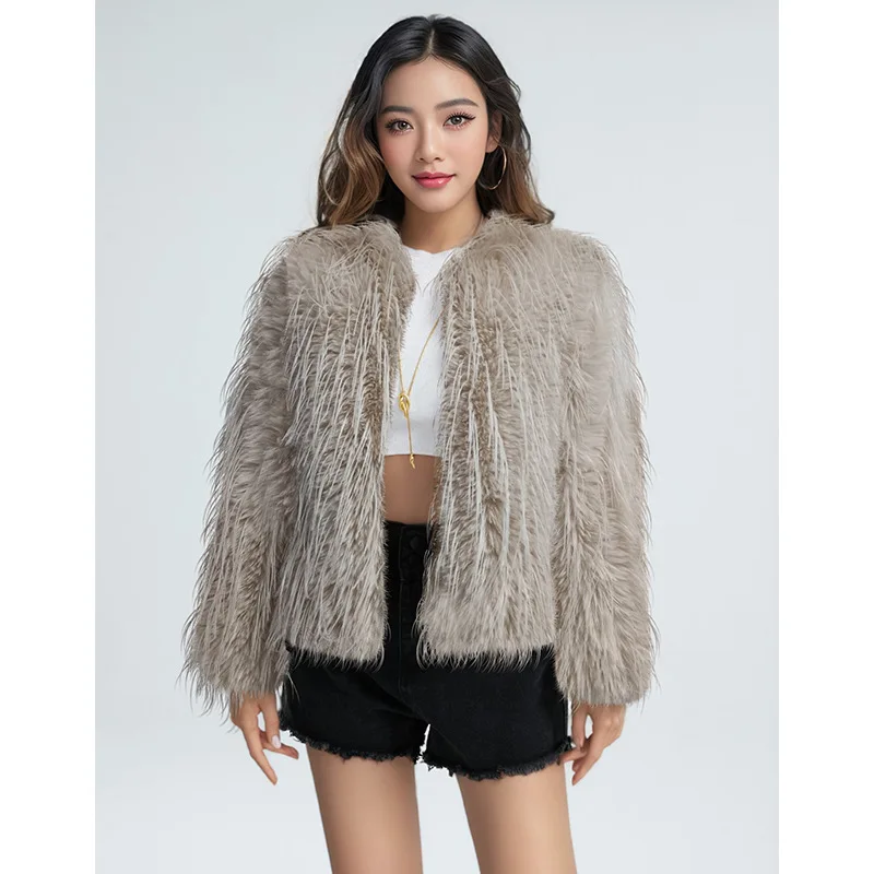 여성 숏 코트 태슬 인조 퍼 라운드넥 코트 가디건 루즈핏 엘레강스 Y2K 하이 스트릿 두꺼운 따뜻한 솔리드 스트릿웨어 겨울