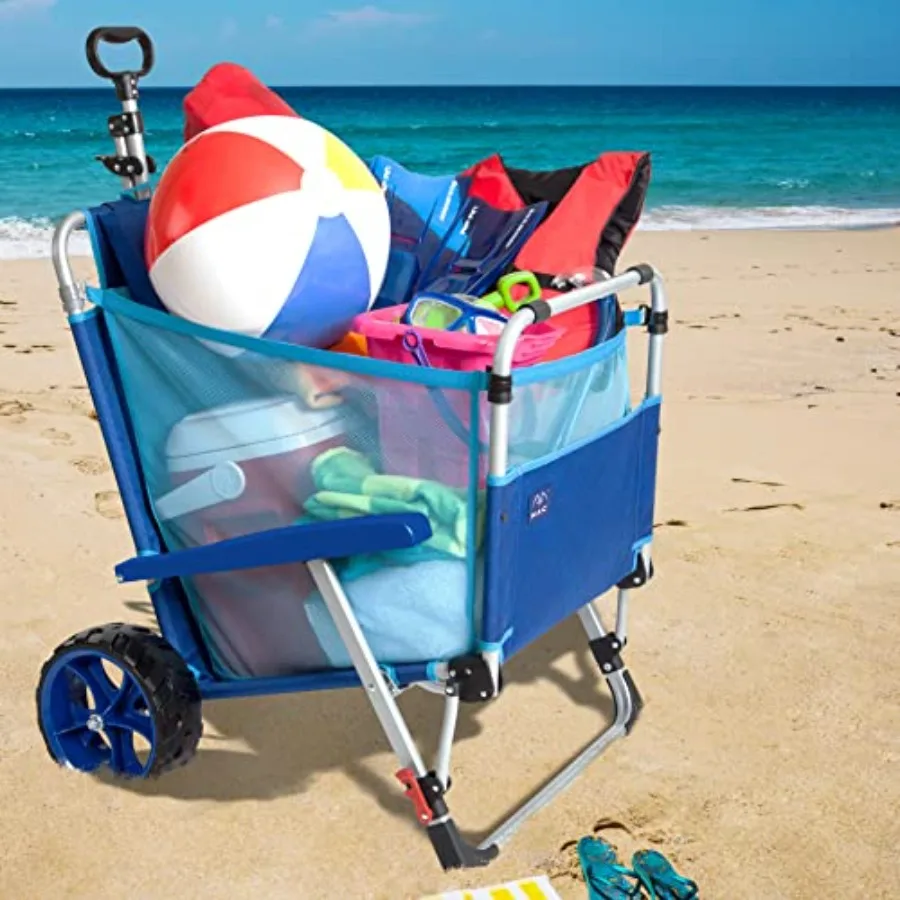 Beach Day foldable chaise lounge chair with integrated wagon pull cart, aluminum frame, navy blue, heavy-duty wheels for sand,