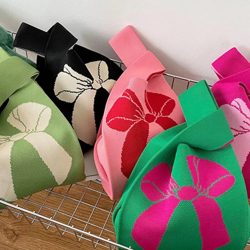 Bolsas de malha bowknot para mulheres, bolsa de pulso artesanal, sacola casual pequena de arco, sacolas de compras reutilizáveis para meninas, novas