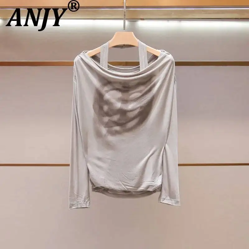 ANJY Spring Summer New Women High-End Korean Style Fashionable Print Stylish Design Halter Neck Long Sleeve Niche T-shirt A23952