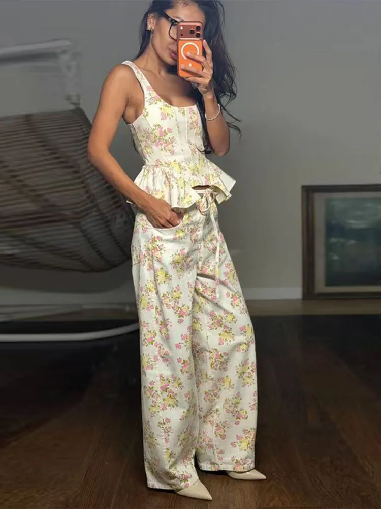 

2026 New Elegant Women's Printed Tank Top Pants Set, Sleeveless Ruffled Wide Leg Pants 2-piece Set for Women