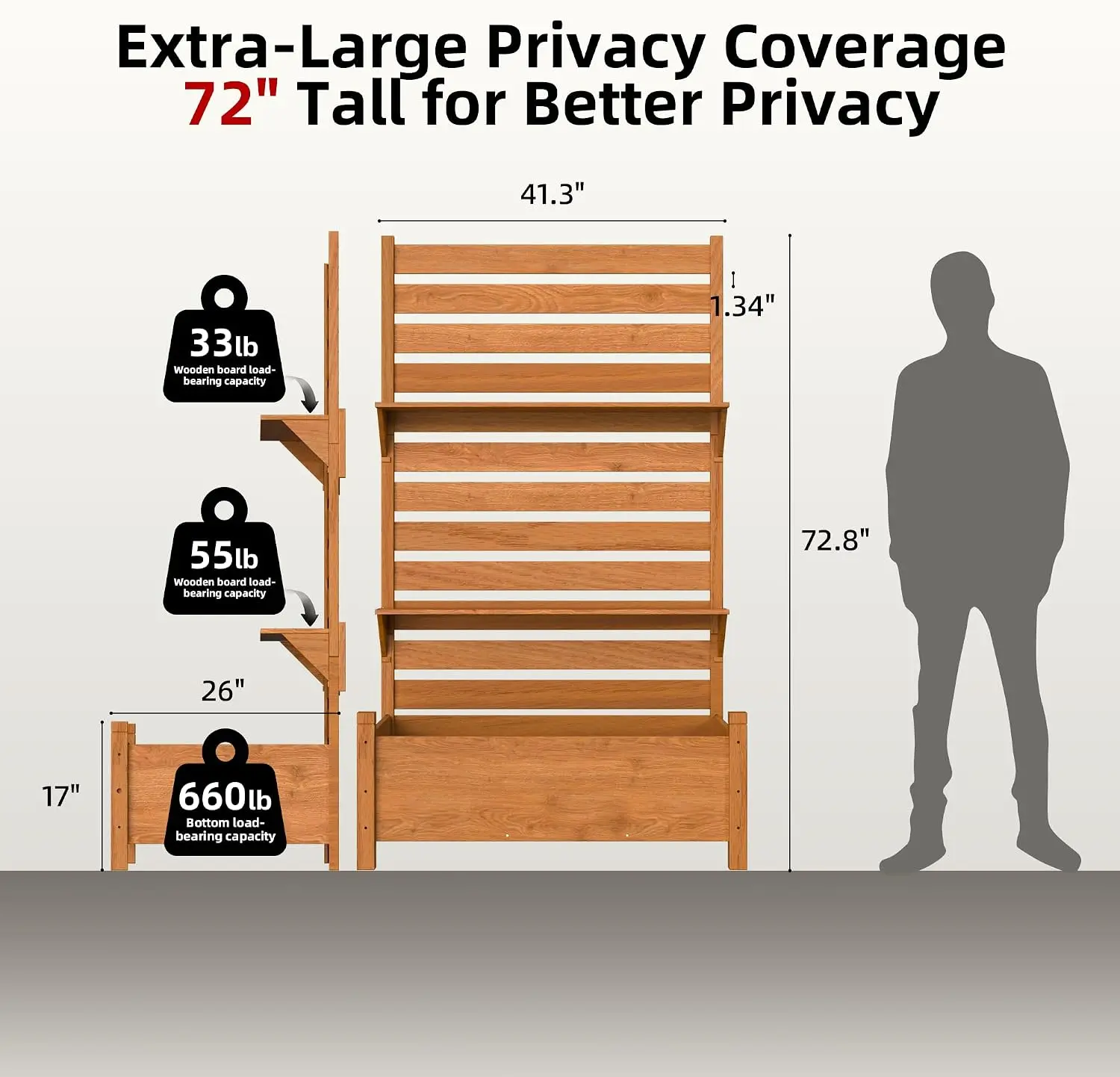 Outdoor Privacy Screen with Planter, 72.8" H x 26" W x 41.3" D, Solid Wood Freestanding Patio Privacy Divider with 2-Tier Shelf, Light Brown - view 2