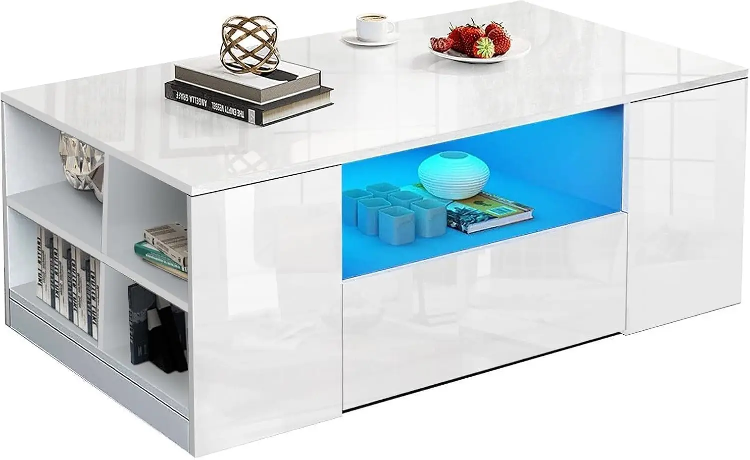 Led Coffee Table with 2 Drawer Storage, High Gloss Coffee Table for Living Room Wooden Centre Table with RGB Led Light