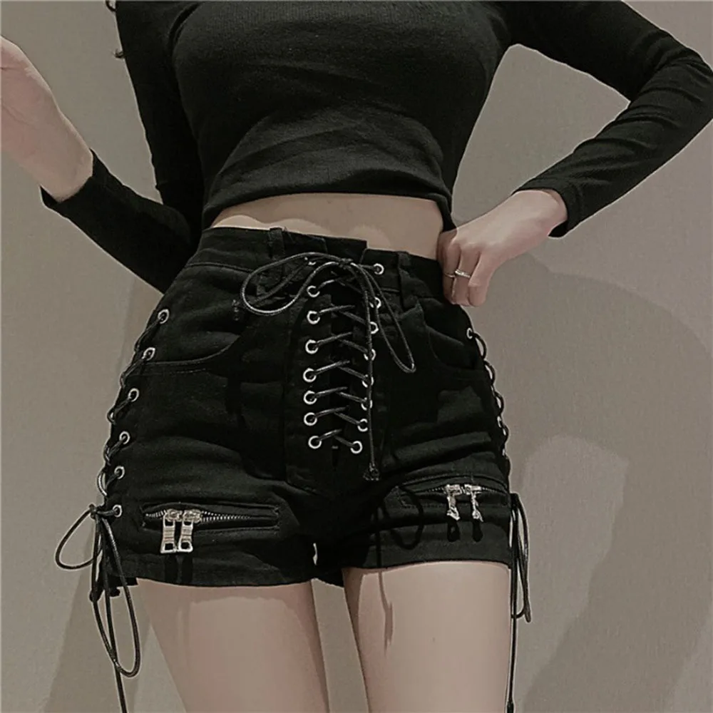 Gothic Denim Shorts Bandage Black Hole Sexy Hot Fashion Summer Slim Ripped Jeans Short Pants Lacing Goth Casual Shorts