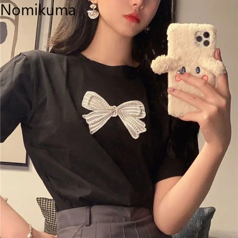 Bow White Tshirts Women Clothing O-neck Short Sleeve Summer Tees Crop Tops 2024 Ropa Mujer Casual Fashion Korean Sweet T Shirts