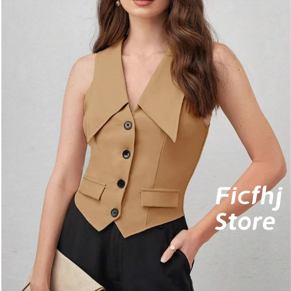 Women's Vest Sleeveless Notched Lape Single Breasted Khaki Fashion Vest High Quality Woman Clothing Top chalecos para mujeres