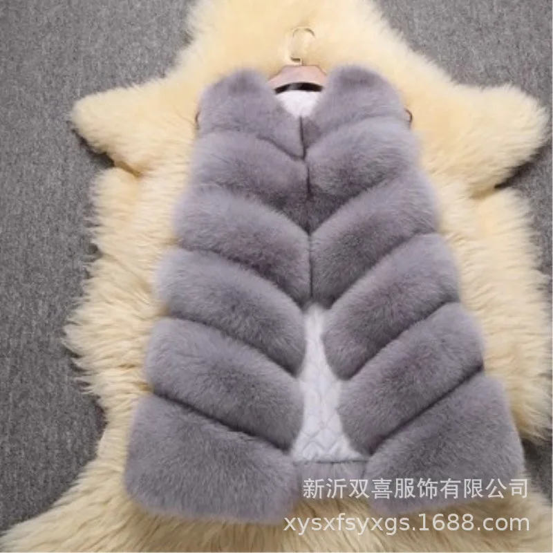 Faux Fox Fur Vest Coats Women White Mid Length Fur Jackets V Neck Sleeveless Thick Warm Fur Casual Loose Furry Autumn Winter