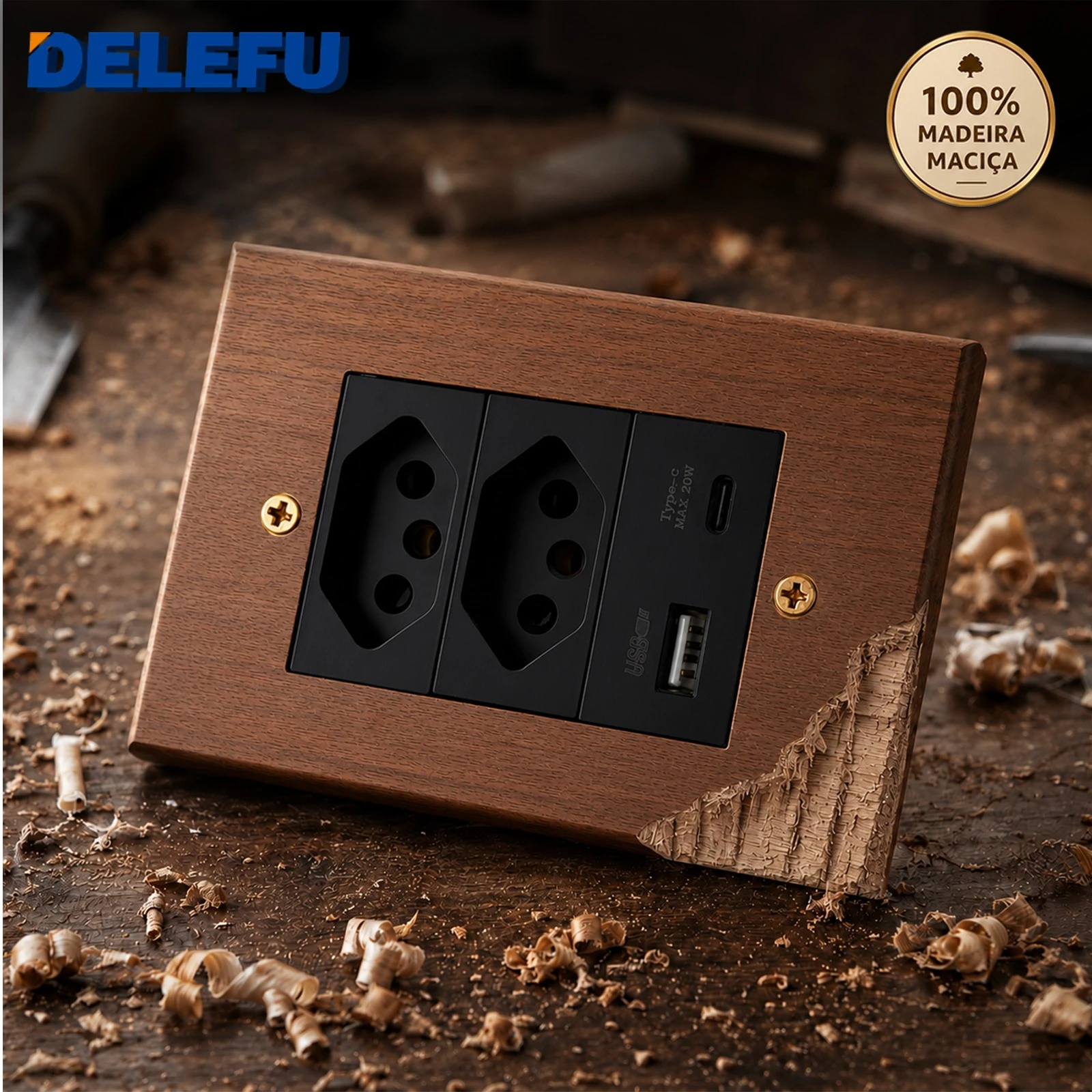 DELEFU Solid Walnut Wood Wall Switch Socket Retro Brass Toggle Switch 1/2/3 Gang Brazilian Type N Outlet 20W USB Type-C image 5