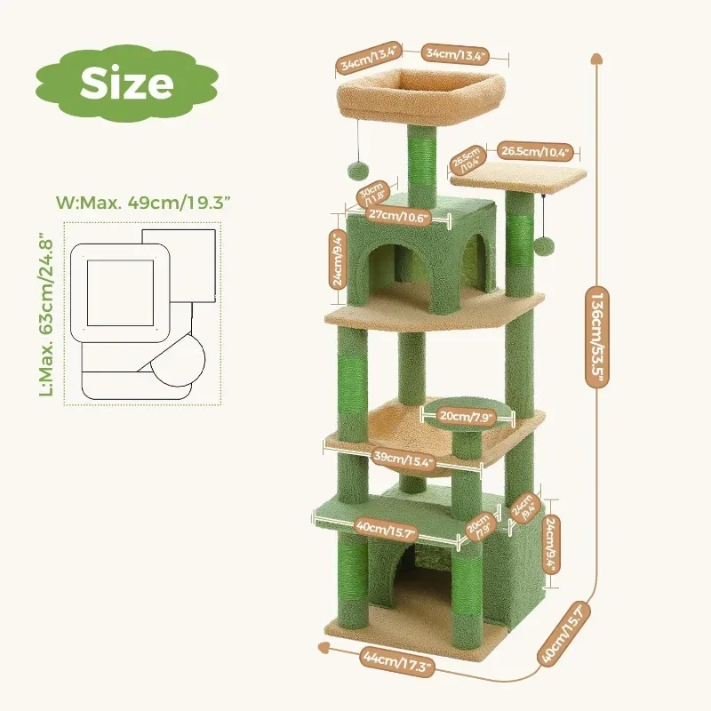 A 53.5-inch Cat Tower, Spacious Hammocks,apartments and Scratching Posts Provide A Double-padded Cat House for Large Indoor Cats