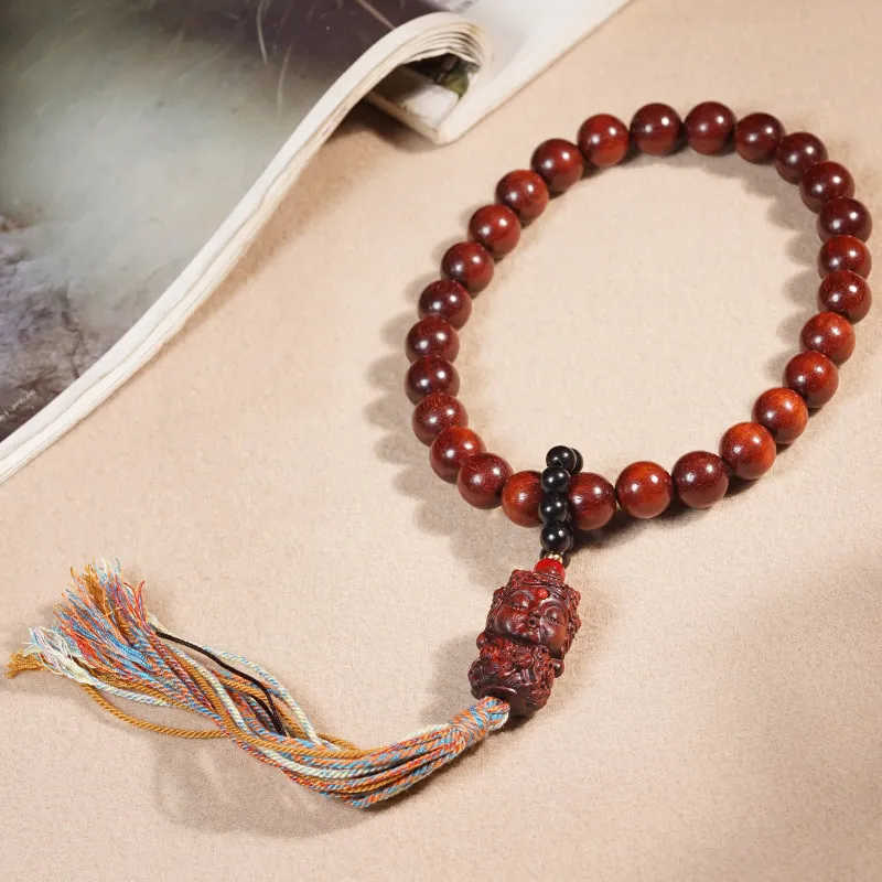 Chinese Style Lucky 12mm African Red Sandalwood Prayer Beads Zakiram Pendant Tassel Mala Bracelet Blessing Fortune Good Luck Med