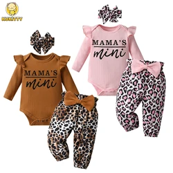 Spring Autumn Newborn Baby Girl Clothes Set Letters Printed Long Sleeve O-Neck Romper Top + Leopard infant Pants + Headband