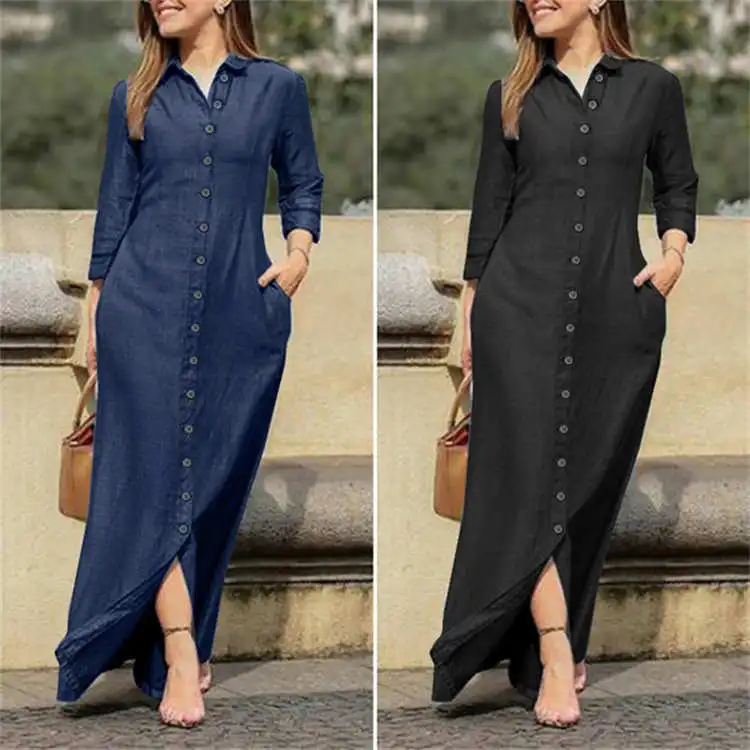Langes Maxi-Kleid für Damen in Übergröße für den Winter und Herbst, modisches, lässiges Baumwollkleid mit V-Ne und No Sve Ele-Design