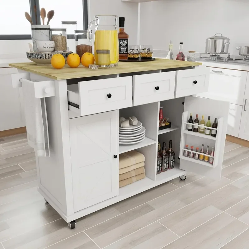 Kitchen Island on Wheels,Kitchen Trolley with rubberwood and Foldable Table top,Mobile Kitchen Island with Double StorageCabinet