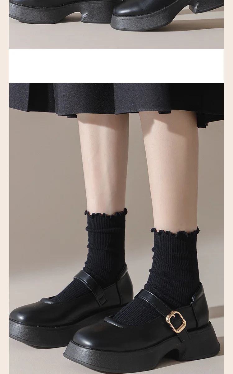 6 Paar Rüschensocken für Damen, Baumwolle, einfarbig, mittellange Socken, niedliche, kawaii, koreanische, atmungsaktive, schwarz-weiße kurze Strümpfe – Detail 8