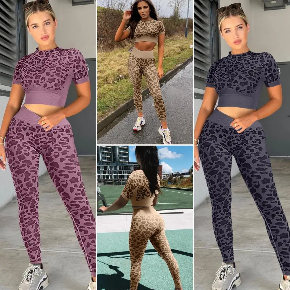 Seamless Yoga Suit Women Fitness Suits Leopard Print Short Sleeve Crop Top Tight Hip Lift Pants Yoga Set Women Sport Suits