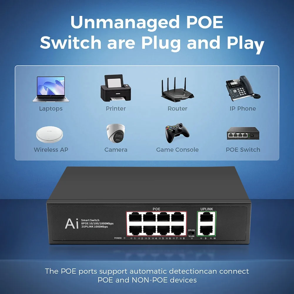 POE Switch 10 Ports 1000Mbps 8+2 Port Gigabit High Fast RJ45 Smart Switch IEEE 802.3 AT/AF Internet Splitter for Wifi Router