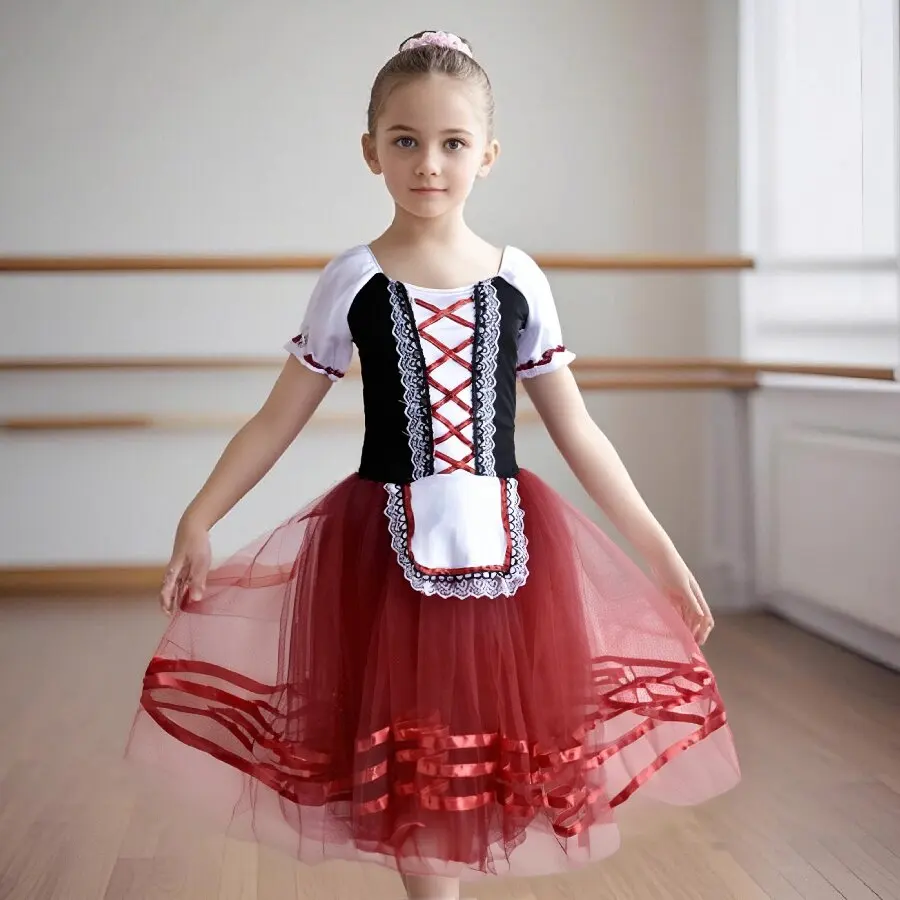 

New Romantic Tutu Giselle Ballet Costumes Girls Child Velet Long Tulle Dress Skate Ballerina Dress Puff Sleeve Chorus Dress