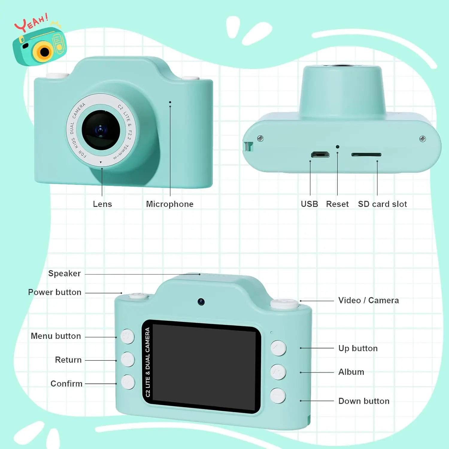 Câmera infantil de dinossauro, câmera sem jogo para crianças de 3 a 9 anos, lente dupla de 32MP e vídeo HD 1080P, câmera digital para crianças pequenas