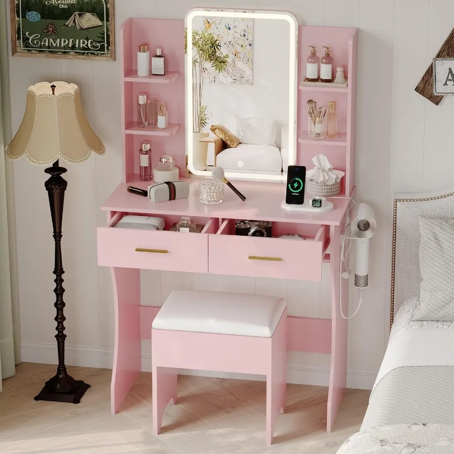 مكتب زينة صغير مع مرآة وأضواء مكياج مع أضواء LED مرآة زينة وردية مع مكتب مضاء وكرسي 3 إضاءة