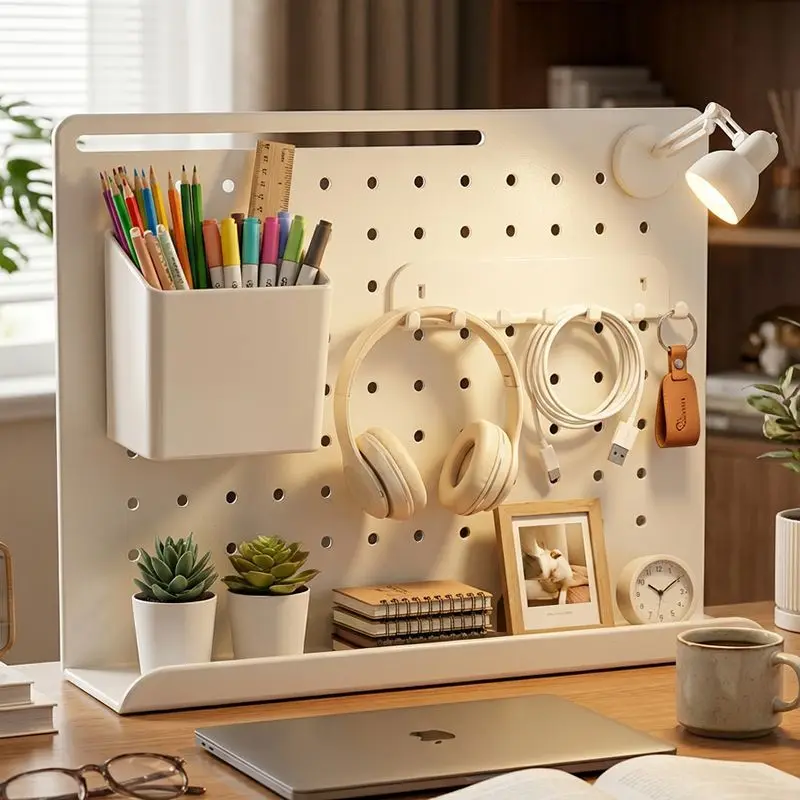 White Desktop Pegboard Organizer, Plastic Desk Storage Board With Accessories, Space Saving Office Dorm Workstation Stationery